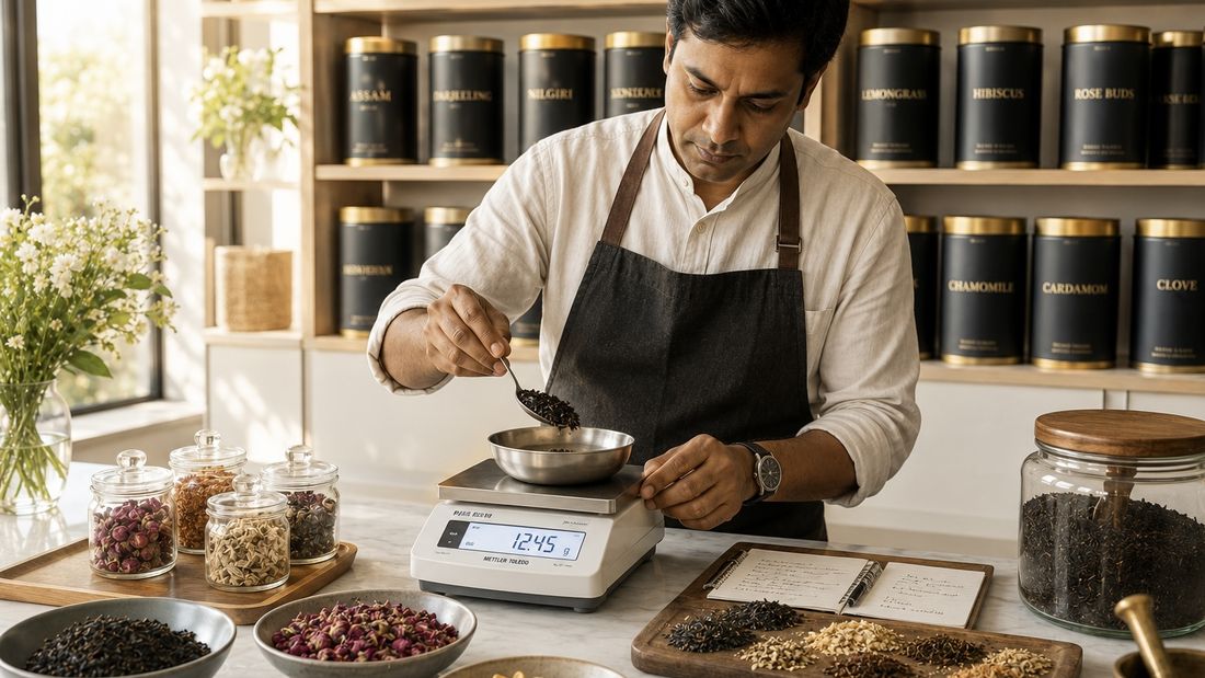 A tea sommelier weighing botanicals at the blending bench