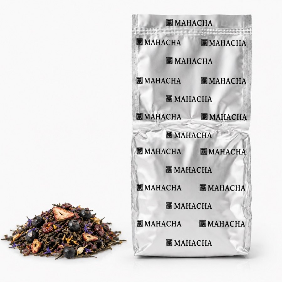 Berry Meadow — loose leaf blend beside its sealed refill pouch