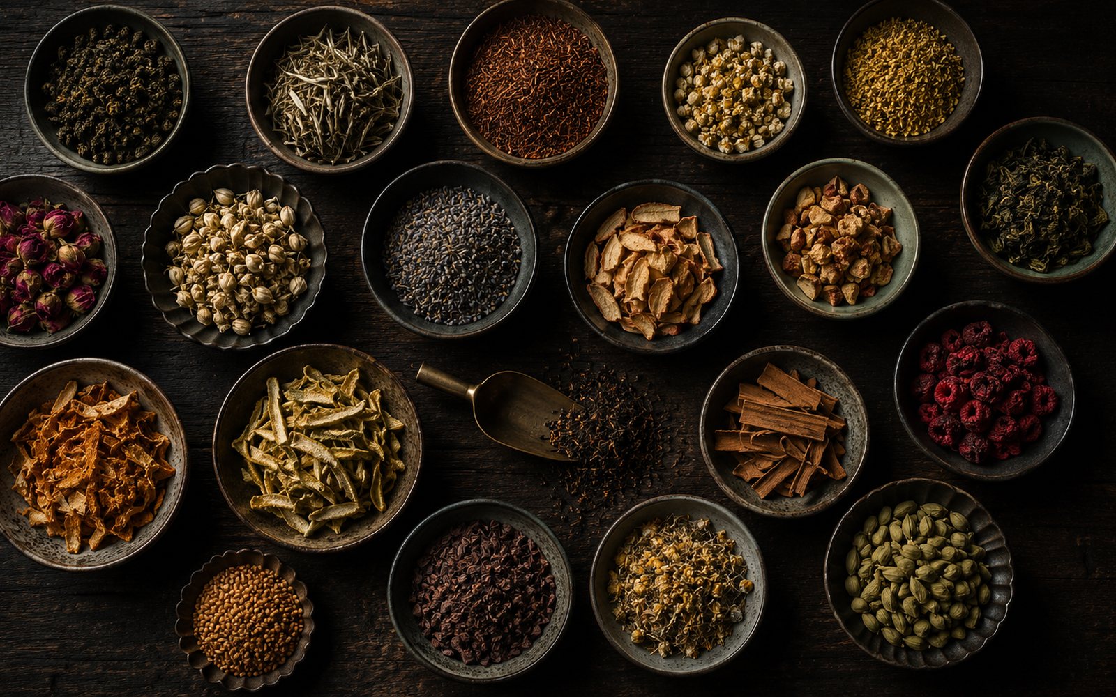 Bowls of loose-leaf tea, florals, fruit and spice laid out for blending