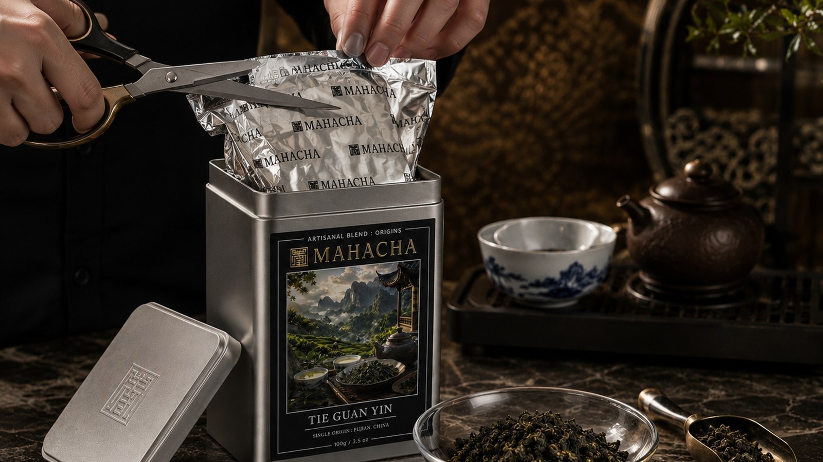 A sealed foil pouch being opened inside a MAHACHA tin, with loose oolong in a glass dish