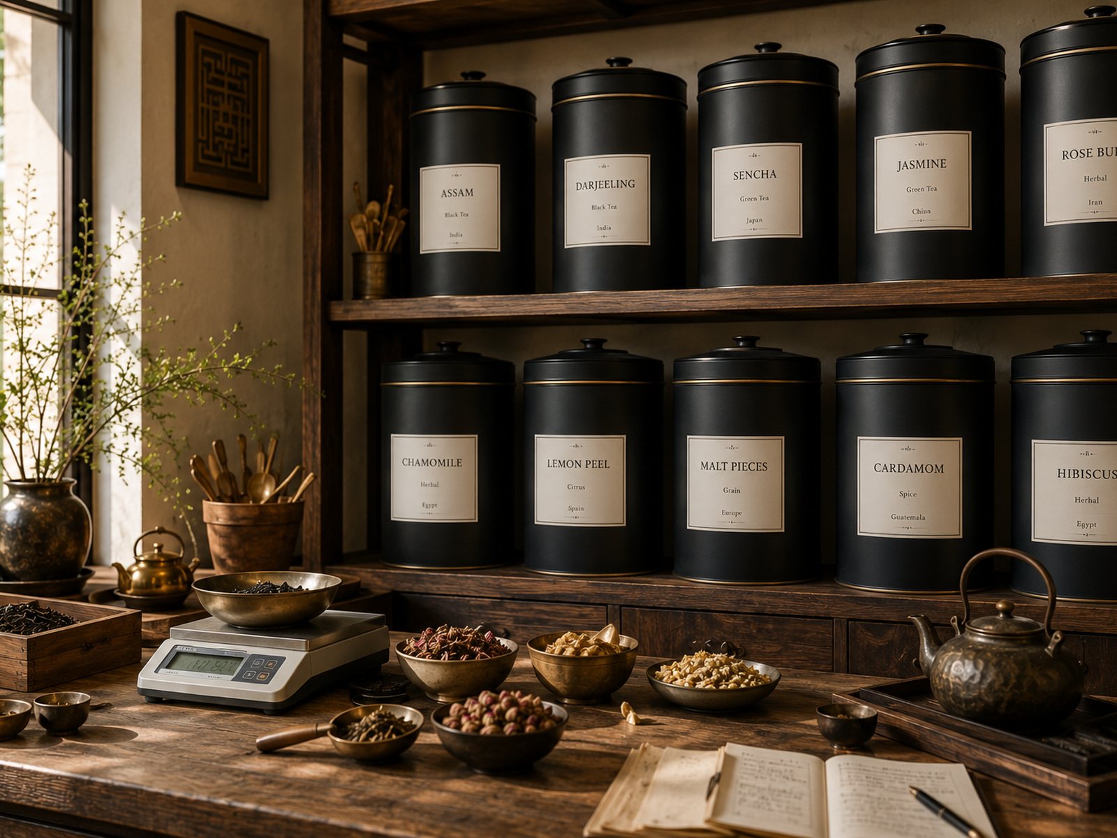 Shelves of tea canisters and bowls of loose leaf at the MAHACHA atelier bench