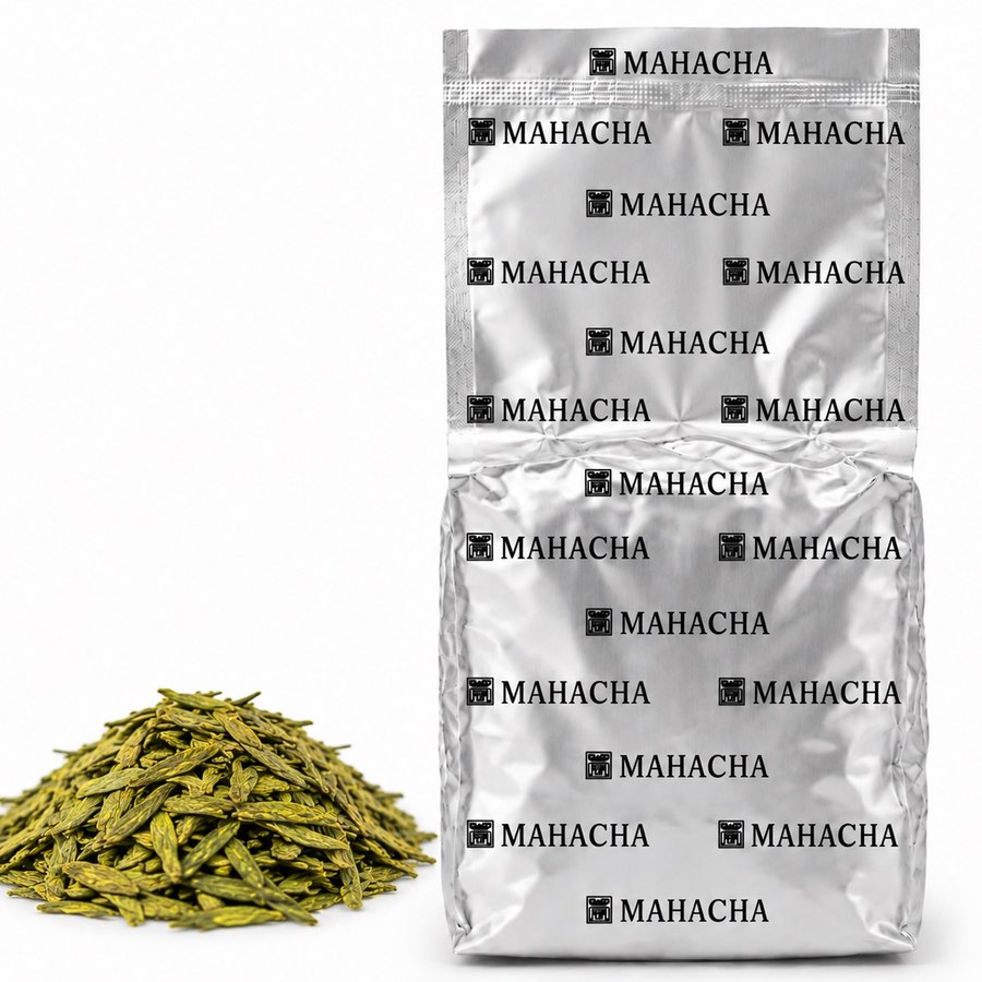 Longjing — loose leaf blend beside its sealed refill pouch