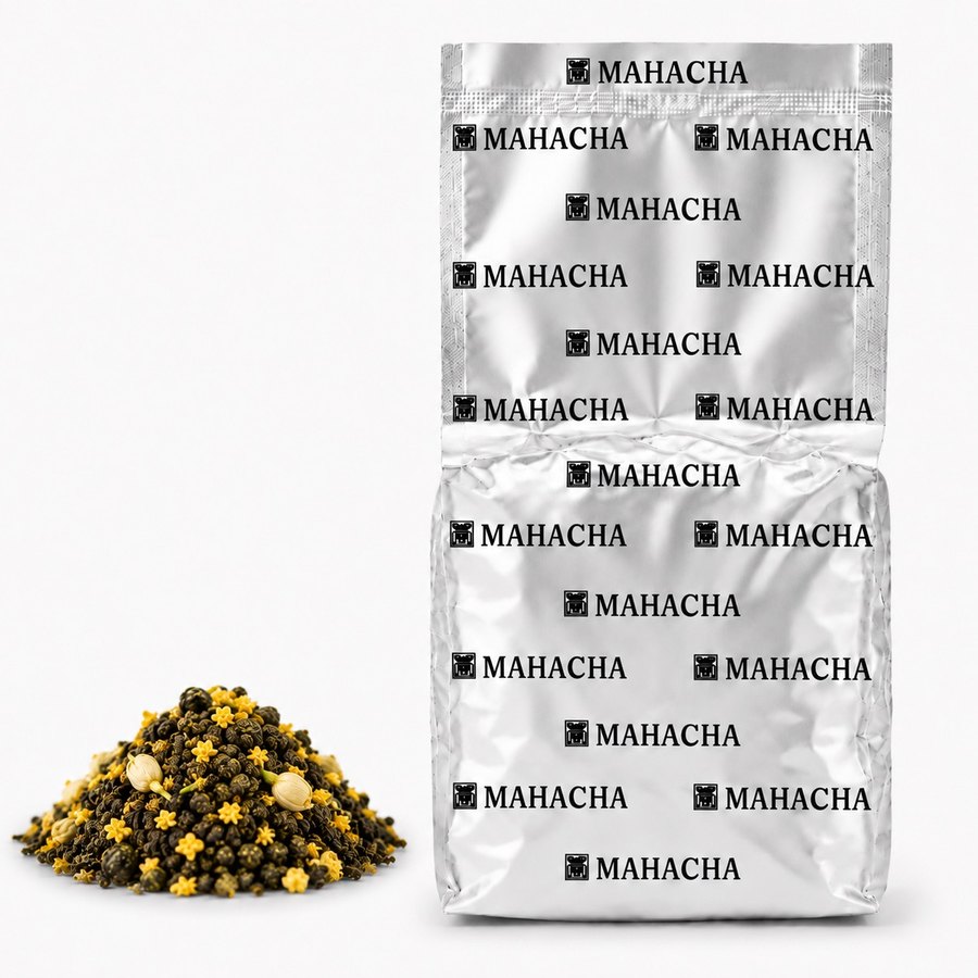 Osmanthus Pearl — loose leaf blend beside its sealed refill pouch